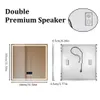A diagram showing the dimensions and features of a bathroom mirror with integrated speakers and lighting. Anteprima dell’immagine prodotto