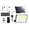 A diagram showing a solar floodlight, its components, and dimensions, along with a user manual and remote control. Produktbild-Vorschau