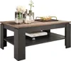 A modern coffee table with a wood-look top and dark gray base, decorated with vases and books. Podgląd zdjęcia produktu