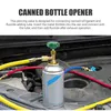 A can of refrigerant is connected to a car engine with hoses and a piercing valve. Podgląd zdjęcia produktu