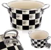 A collage of three images showing a black and white checkered pot with silver handles. Produktbild-Vorschau