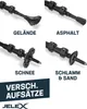 A collage showing different attachments for walking poles, labeled for different terrains. Produktbild-Vorschau
