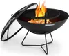 A black metal fire pit with a grill grate and flames, shown on a white background. Produktbild-Vorschau