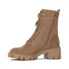 A side view of a single brown lace-up boot with a thick sole and a zipper on the side, set against a white background. Produktbild-Vorschau