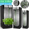 Three grow tents of different sizes are displayed, with the largest one containing a healthy basil plant. Close-up insets show details of the tent's construction and ventilation ports. Produktbild-Vorschau
