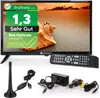 A product shot of a small TV with its accessories, including a remote, antenna, and power adapters. Produktbild-Vorschau