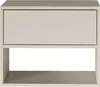 A front view of a modern, minimalist nightstand with a drawer and an open shelf. Voir les images du produit