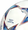 A close-up view of a white soccer ball with blue and orange accents. Produktbild-Vorschau