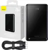 A product shot of a black power bank and its packaging, along with a charging cable. Podgląd zdjęcia produktu