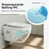 A wall-mounted toilet with water flowing, accompanied by a diagram illustrating water saving. Anteprima dell’immagine prodotto