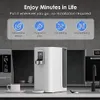 A white water dispenser is shown on a kitchen counter, with text overlays highlighting its features. Náhled obrázku produktu