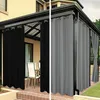 A split image showing outdoor curtains in black on the left and gray on the right, installed on a patio or gazebo. Náhľad obrázku produktu