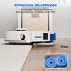 A white robot vacuum cleaner with rotating mops is shown on a light-colored carpet and wooden floor, with a close-up inset of its rotating brushes. Produktbild-Vorschau