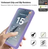 A hand holding a purple phone case with a phone inside, with marketing text and icons around it. Produktbild-Vorschau