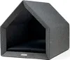 A dark gray, house-shaped pet bed with a dark blue cushion inside, shown from a three-quarter angle against a white background. Produktbild-Vorschau