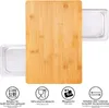 A bamboo cutting board with two clear plastic containers underneath, shown from a top-down perspective. Icons and text describing product features are displayed at the bottom. Produktbild-Vorschau
