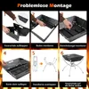 A collage of six images showing the step-by-step assembly of a portable grill. Produktbild-Vorschau