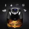 A black air fryer with a digital display and various icons around it, set against a dark background. The bottom of the air fryer shows a graphic of food cooking with flames. Podgląd zdjęcia produktu