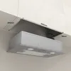 A silver and white under-cabinet range hood is shown installed beneath white kitchen cabinets. Dimensions are labeled on the image. Voir les images du produit