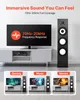 A television and speaker setup in a living room, with smaller images below showing the setup for gaming, music, and movies. Produktbild-Vorschau