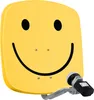 A yellow satellite dish with a smiley face design and a satellite receiver attached. Produktbild-Vorschau