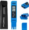 A collage of images showing a blue TDS & EC meter, its protective case, and close-ups of its components. Produktbild-Vorschau