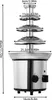 A stainless steel chocolate fountain with dimensions indicated by text overlays. Náhled obrázku produktu