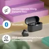 Product marketing image showing earbuds and their charging case, with text highlighting features. Produktbild-Vorschau