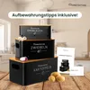 A set of three storage boxes for potatoes, onions, and garlic, stacked on a wooden surface with some produce and informational cards. Produktbild-Vorschau