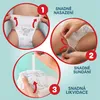 An instructional image showing how to put on, take off, and dispose of baby diapers, divided into three steps. Produktbild-Vorschau
