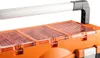 A close-up view of the top section of an orange toolbox with clear plastic compartments and a silver handle. Produktbild-Vorschau