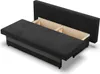 A black and gray sofa with its storage compartment open, showing the wooden interior. Produktbild-Vorschau