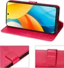 A collage of images showing a red flip phone case with embossed floral patterns and a magnetic closure, with a smartphone inside the case in the main image. Produktbild-Vorschau