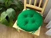 A green round cushion is placed on a wooden chair next to a large green plant. Produktbild-Vorschau