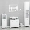 A modern white bathroom vanity set with a sink, mirror, and storage cabinets against a gray tiled wall. Anteprima dell’immagine prodotto