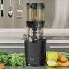 A black Kuvings juicer is shown on a kitchen counter with celery, an apple, and a carrot. Produktbild-Vorschau