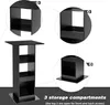 A black bar table with three storage compartments, shown from different angles with callouts and text describing its features. Produktbild-Vorschau