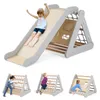 A collage of images showing a child on a wooden climbing triangle with a slide, and other children interacting with different parts of the structure. Produktbild-Vorschau