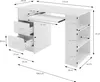 A diagram showing the dimensions of a white desk with drawers and shelves. Produktbild-Vorschau