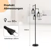 A floor lamp with three lampshades is shown in a room setting, with product dimensions and specifications overlaid. Podgląd zdjęcia produktu