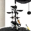A multi-level cat tree with several platforms, scratching posts, and hanging toys, featuring two cats interacting with the structure. Náhled obrázku produktu