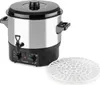 A silver and black electric preserving pot with a black lid and a white circular rack next to it, set against a white background. Náhľad obrázku produktu
