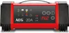 A red and black battery charger with a digital display and indicator lights. Produktbild-Vorschau