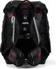 A close-up view of the back of a black and red patterned backpack, showing its ergonomic features and straps. Produktbild-Vorschau