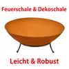 A rusty-looking fire bowl on a stand, with text overlay. Produktbild-Vorschau