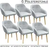 6 Stühle mit umlaufender Armlehne, Holzbeine und hellgrauem Stoff auf Rückenlehne, Sitzpolster und Armlehne