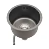 A top-down view of a round stainless steel kitchen sink with a drain and a flexible hose attached. Podgląd zdjęcia produktu