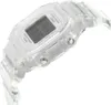 A close-up, angled view of a clear digital watch with a white face. Produktbild-Vorschau