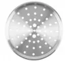 A top-down view of a round, perforated metal sieve. Produktbild-Vorschau