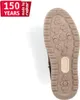 The sole of a brown Rieker boot is shown against a white background, with a red promotional graphic in the top left corner. Voir les images du produit